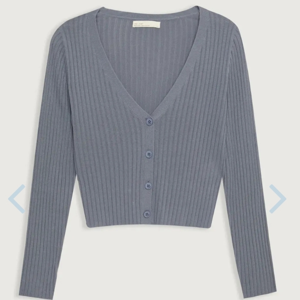 Oak +Fort Button Front Boxy Ribbed Cardigan Blue Sz L